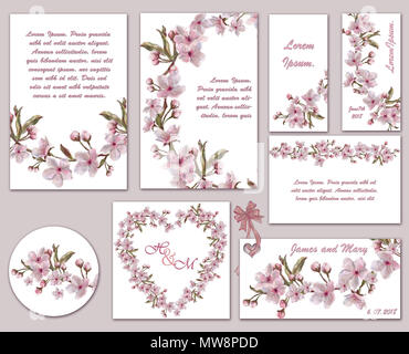 Ensemble de modèles floraux Rose pour mariage romantique et événement. Différentes tailles et formes et modèles d'étiquettes pour événement romantique annonce. Banque D'Images