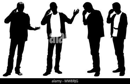 Silhouettes d'hommes parler au téléphone isolated on white Banque D'Images