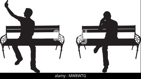 Les hommes avec le téléphone sur un banc isolé sur blanc Illustration de Vecteur