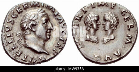 . Anglais : VITELLIUS. 69 AD. AR Denarius (3,44 mm). [A]ELLIVS ALLEMAND VIT IMP TR P, lauréat chef droit / LIBERI IMP ALLEMAND, confronté bustes de Vitellius' son fils et sa fille, tous deux drapées. J'RIC 79 Русский : Денарий имп. Вителлия (69 год). - Изображение старшего аверсе на сына Вителлия дочери Германика и, Вителлии, . Ce fichier n'est pas informations sur l'auteur. 64 Aulus vitellius, vitellia et vitellius germanicus Banque D'Images