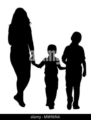 Mère avec enfants silhouettes isolated on white Banque D'Images