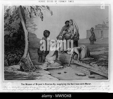 . L'inscription des femmes d'obtenir de l'eau Station Bryan tandis que les Américains indigènes, qui sont sur le point d'assiéger l'établissement, montre. L'événement célèbre dans le Kentucky au cours de la guerre de la Révolution américaine. 1851. Imprimer par Nagel & Weingartner 102 Bryant's station Banque D'Images