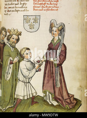 . Windeck Eberhard : Das Buch von Kaiser Sigismund (Handschrift bei Sotheby's 7.7.2009, siehe http://www.handschriftencensus.de/9134), folio 144r, le roi Sigismond de diriger un genoux messenger pour donner une lettre scellée à 'la Vierge qui a fait beaucoup de miracles" (Sainte Jeanne d'Arc, dans une robe rouge bordeaux et avec une tête blanche-robe) . vers 1440-50. Illustrator aus der Werkstatt von Diebold Lauber 103 Buch-kaiser-sigismond-L09740-26-LR-6 Banque D'Images