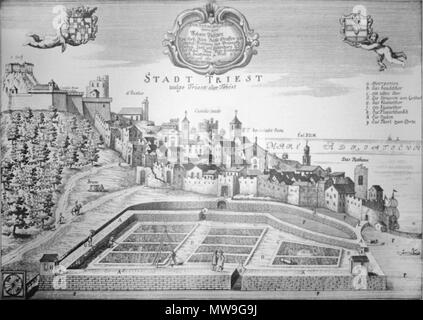 . Gravure de Trieste (Italie), de la technique : gravure sur cuivre . 1689. Mesto Trst-Valvasor.jpg : Janez Vajkard Valvasor travail dérivé : Garver (talk) Trst-Valvasor 413 Mesto-2 Banque D'Images
