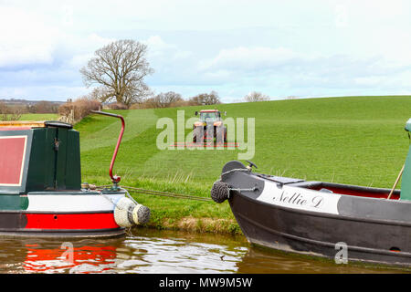 Un agriculteur sur son tracteur un hersage de la chaîne au printemps suivant pour la du canal de Shropshire Union, Shebdon, Staffordshire, England, UK Banque D'Images