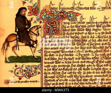 . Portrait de Chaucer en tant que pèlerin de Canterbury, Ellesmere autographe de la Canterbury Tales. L'histoire d'un "Melibee yong homme appelé Melibeus, myghty bigat et riche, à son wyf, qui a été appelé la prudence, un doghter ce qui a été appelé que Sophie. Sur un jour qu'il bifel pour son desport est allé dans le feeldes à hem pleye. Son wyf et son doghter eek a laissé son inwith hous, dont le faste n'yshette dores. Thre de ses ennemis il espyed olde han, et à l'laddres setten walles de sa loge, et par wyndowes été entred, et betten son wyf, et blessé son doghter avec fyve wou mortel Banque D'Images