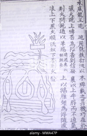 . Un chinois de la dynastie Ming, illustration d'une mine navale du 14e siècle de la traité militaire Huolongjing, compilées par Jiao Yu et Liu Ji, avec la préface de Jiao ajouté en 1412. Cette mine de la mer a été appelé le 'submarine' roi dragon (shui di long wang pao). Le mécanisme de tir se compose d'un porte-encens en stick qui flottaient le fusible des feux lorsqu'il brûle, ce dernier étant contenu dans une longueur de l'intestin, de chèvre et de la connexion avec la charge explosive qui est lancée à une certaine profondeur submergé ci-dessous. Cette illustration s'affiche également sur la page 206 de Joseph Needham de sciences et de Civ Banque D'Images