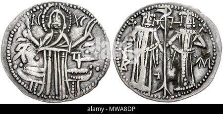 . Coin représentant Ivan Alexandre de Bulgarie avec son fils Michael Asen IV. Source : Pièces GNC Description : Bulgarie, Second Empire. Ivan Aleksandar, avec Mihail Asen IV. 1331-1371. AR Grosh (20mm, 1,86 g, 6h). Le Type II. Frappé vers 1331-1355. Christ, nimbate, debout face à des mains, dans l'oraison ; IC XC tête d'accompagnement, monogrammes et des granulés d'un côté / Ivan et Mihail, debout face à chaque exploitation sceptre ; banner entre étoiles, l'arbre d'accompagnement ; les monogrammes autour de chiffres. Raduchev & Zhekov 1.13.3 ; Youroukova & Penchev 77. Bonne VF, tonique. . Groupe Numismatique classique 137 Coin Ivan Alexan Banque D'Images