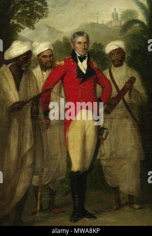 . Anglais : Portrait de Colin Mackenzie peint par Thomas Hickey en 1816. Mackenzie, portant uniforme écarlate, est accompagné par trois de ses assistants indiens. Dans la distance est la colossale statue de Gomateshvara Jain à Karkala. 1816. Thomas Hickey (1741-1824) 138 Colin Mackenzie Banque D'Images