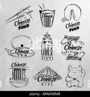 Ensemble de symboles chinois icônes de la nourriture dans le lettrage style rétro de nouilles chinoises, lucky cat, thé chinois, baguettes, fortune cookies, à emporter chinois fort, Illustration de Vecteur