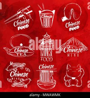 Ensemble de symboles chinois icônes de la nourriture dans le lettrage style rétro de nouilles chinoises, lucky cat, thé chinois, baguettes, fortune cookies, emporter chinois fort je Illustration de Vecteur