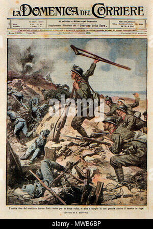 . Anglais : Scan de la première page de l'édition de la "La Domenica del Corriere", un magazine italien, avec un dessin d'Achille Beltrame représentant Enrico Toti, patriote et héros de la Première Guerre mondiale Italiano : Scansione della Prima pagina della rivista "La Domenica del Corriere" del 24 settembre 1916 con una illustrazione di Achille Beltrame raffigurante Enrico Toti, eroe della prima guerra mondiale. 24 septembre 1916. Achille Beltrame (1871-1945) peintre et illustrateur italien Description qui a travaillé principalement pour La Domenica del Corriere, magazine hebdomadaire de Corriere della Sera Date de naissance/de Banque D'Images