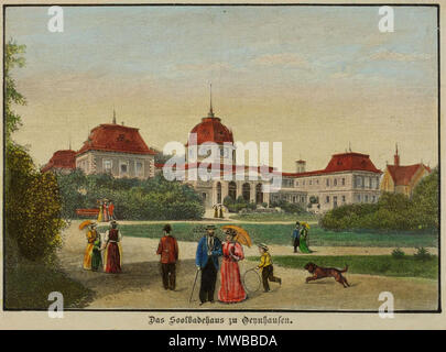 . Soolbadehaus das zu Oeynhausen. Historische Ortsansicht. Holzstich / Xylografie eiweißgehöht koloriert alt, und, 1895. 9,8 x 14,0 cm . 1895. Nach einer Aufnahme von Hofphotograph Christian Colberg en Oeynhausen 153 Soolbadehaus das zu Oeynhausen, 1895 Banque D'Images