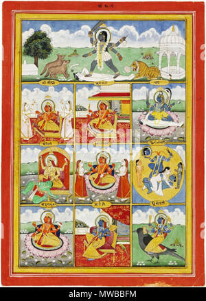 . Français : 'Dasa Mahavidyas du 19e siècle. Jaipur, Inde. Or rehaussée de gouache sur papier. Mahavidyas (grande sagesse) ou Dasha-Mahavidyas sont un groupe de dix aspects de la Mère Divine Durga ou Kali elle-même ou Devi dans l'hindouisme. (Par christies.com)' . 19e siècle. Dasha Mahavidya inconnu 153 Banque D'Images