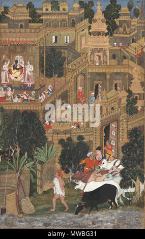 . Le Seigneur Krishna dans la ville d'or du Harivamsha (Geneology de Vishnu) aquarelle opaque et d'or sur papier H : 34,9 W : 23.2 cm Inde La peinture représente la ville mythique de Dwarka, où le bleu-pelées Krishna, une incarnation du dieu hindou Vishnu, trône sur un golden palace et entouré par ses parents. Une scène pastorale au premier plan évoque un village familier et le sentiment que les dieux sont présents dans la vie quotidienne. Ce manuscrit a été peinte pour l'empereur moghol Akbar (r. 1556-1605) qui a été très intéressé par les autres religions. Akbar avait traductions faites o Banque D'Images