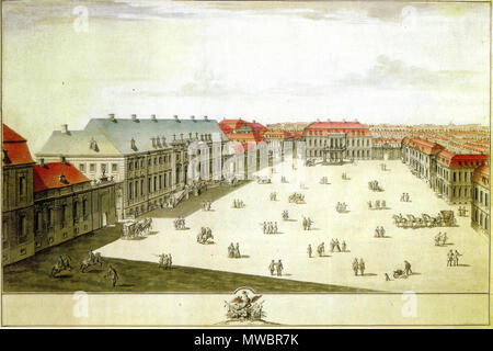 . Deutsch : Wilhelmplatz à Berlin, Federzeichnung der geplanten Bebauung mit Blickrichtung Norden ; dont verwirklicht wurden ab 1735 (von links) a) or die- und Silbermanufaktur, b) das den Platz dominierende Palais Marschall, c) das Palais Schulenburg, später als Reichskanzlei Sitz der deutschen Reichskanzler, d) das Palais Waldburg bzw. Un Ordenspalais der Nordseite des Platzes. Nicht gebaut wurde das hier vorgesehene Palais an der Nordostseite Wilhelmplatzes vers 1733 des.. C.H. Horst 159 Der Wilhelmplatz, Federzeichnung von C.H. Horst, 1733. Banque D'Images