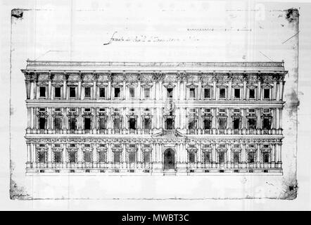 . Italiano : Galeazzo Alessi, Progetto del 1557 (modificato à corso d'opera) della facciata originale (quella di Piazza San Fedele) del manierista Palazzo Marino a Milano. Anglais : Galeazzo Alessi, 1557 Projet d'origine (légèrement modifié dans le bâtiment actuel) du Palazzo Marino à Milan, Italie. C'est la façade d'origine (l'une le long de la Piazza San Fedele square). . G.dallorto 233 Galeazzo Alessi, Progetto originario per la facciata di Palazzo Marino a Milano Banque D'Images