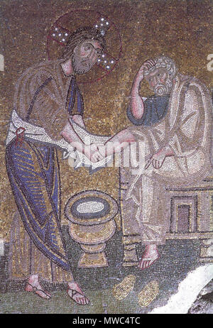 . Anglais : le Christ lavant les pieds de Saint Pierre. Détail de la mosaïque intérieure narthex de 'lave les pieds des apôtres'. 11e siècle. nonimus 204 lave-pieds (Nea Moni) Banque D'Images