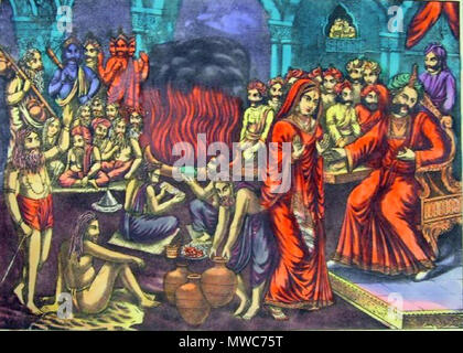 . English : 'Album d'estampes populaires montés sur des pages en tissu. Lithographie couleurs, lettres, inscrit et numéroté 3. Le sati, la première épouse de Shiva, se dresse face à son père Daksha, assis sur un trône. Ils font valoir après Daksha souillé une statue du dieu Shiva et refusé d'inviter au sacrifice. Le Sati se suicide dans la douleur pour son bien-aimé. Un sadhu, symbole de Shiva, est assis au premier plan.' . 1895151 yagna Daksha Banque D'Images