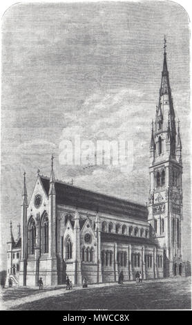 . Anglais : Dessin de St Patrick's Church à Dungannon, comté de Tyrone, comme prévu par J. J. McCarthy. Publié le 4 mars 1871 dans le constructeur, p. 166-7. 4 mars 1871. La très difficile à lire signature est éventuellement Westminster & Smith, l'architecte est J. J. McCarthy (1817-1882) 172 East Broughton St. Patrick's Church Dimensions 1871 Banque D'Images