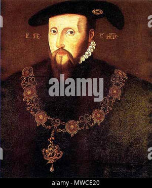 . Anglais : Portrait d'Édouard Seymour, 1 comte d'Hertford (CR 1537), (plus tard, en 1547, créé duc de Somerset & Lord Protector 1547-49) ; par l'artiste inconnu, Collection de marquis de Bath, Longleat House, dans le Wiltshire. L'inscription latine de chaque côté de sa tête est : '(E) dwardus SE(mour) C(omes) tfordiensis(SON)' ('Edward Seymour, comte d'Hertford'). Il porte le collier de l'ordre de la jarretière d'où pend le grand George. Selon l'historienne Roy Strong, il n'y a qu'un certain portrait de Seymour, une miniature peinte par Nicholas Hilliard en 1560 à partir d'un ancien pa Banque D'Images