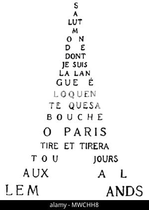 . English : Calligramme de Guillaume Apollinaire intitulé Tour Eiffel. 4 octobre 2013. Guillaume Apollinaire (1880-1918) Noms alternatifs pseudonyme : Germain Amplecas, Wilhelm Apollinaris de Kostrowitsky, pseudonyme : Louise Lalanne, poète français-italien Description de l'écrivain, dramaturge, critique d'art, mémorialiste et conteur Date de naissance/Décès 26 Août 1880 9 novembre 1918 Lieu de naissance/décès Rome Paris contrôle d'autorité : Q133855 : VIAF 66462795 ISNI : 0000 0001 2137 1423 ULAN : 500010539 RCAC : n78080654 NLA : 35007484 256 WorldCat - Guillaume Apollinaire Calligramme - Tour Eiffel Banque D'Images