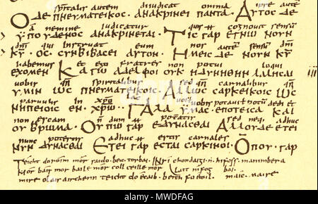 . Anglais : 23 recto folio du codex ; ci-dessous le texte biblique (1 Cor 2-3) elle contient le verset irlandais (trois lignes) . Environ 850 de notre ère. Moine irlandais de Saint-Gall en Suisse 299 vers dans le Codex Boernerianus Irlandais Banque D'Images