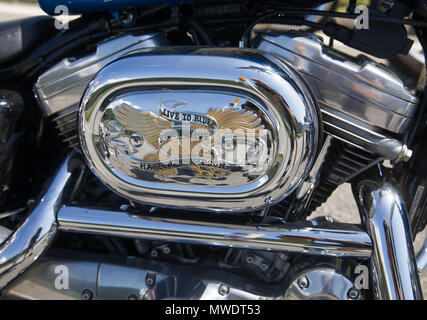 31 mai 2018, l'Allemagne, Ruedesheim : une bannière à lire 'Live to ride, ride to live, Harley-Davidson' décore une moto par la marque américaine de 1980. Photo : Frank Rumpenhorst/dpa Banque D'Images