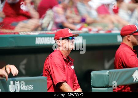 Arizona, USA. 1er juin 2018. L'entraîneur-chef de l'Arkansas Dave VanHorn ressemble à de l'étang, comme le jeu se déroule. Arkanasas ORU défait 10-2 dans la NCAA Baseball Fayetteville Regional à Baum Stadium à Fayetteville, AR, Richey Miller/CSM Crédit : Cal Sport Media/Alamy Live News Banque D'Images