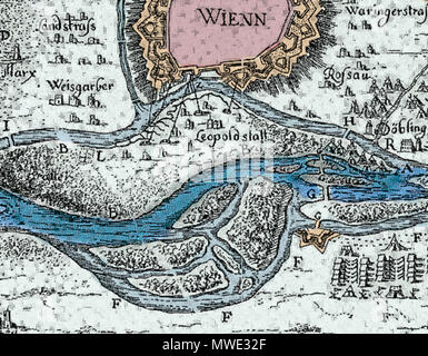 . Deutsch : Heereslager des Herzogs Karl V. von Lothringen vor Wien, 1683. Kartenauschnitt 156 / Norden Süden (liens). Oben die Stadt Wien / Österreich / Europäische Union européenne. In der Mitte blau eingefärbt Fahnenstangenwasser, das auf dem Gebiet der Brigittenau, dem 20. Gemeindebezirk. Um diese Zeit das guerre Fahnenstangenwasser Hauptarm der wichtigste der Donau. Zwischen den Flußarmen Leopoldstatt "mourir", der 2. Bezirk. Im unteren Teil das Gebiet mit dem heutigen und Zwischenbrücken Nordwestbahnhof. English : Army Camp de Charles, duc de Lorraine (Herzog von Lothringen), près de Vienne, 1683 Magyar : Banque D'Images