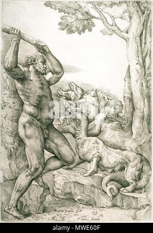 . Anglais : gravure sur le deuxième travail d'Héraclès : tuer l'hydre de Lerne Español : gravure sobre el segundo trabajo de Heracles : matar a la fendeuse de Lerne . 16e siècle. Giovanni Battista Franco 275 Hercules tue l'Hydre de Lerne Banque D'Images