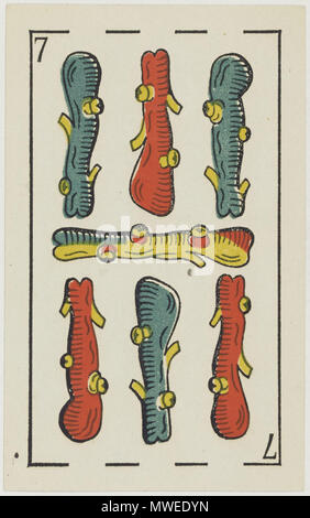 . Anglais : Aluette deck, B. P. Grimaud éditeur, France, 1860 : sept des clubs . 1860. B. P. Grimaud 315 Jeu d'Aluette - Grimaud - 1860 - Sept Clubs de Banque D'Images