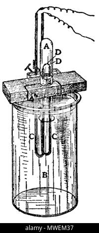 . L'Anglais : méthode de Cavendish pour l'isolement de l'Argon. Les gaz sont contenus dans un tube à essai (A) Comité permanent sur une grande quantité d'alcali faible (B), et le courant est transmis dans les câbles isolés par des tubes de verre en forme de U (CC) en passant par le liquide et la bouche ronde d'un tube à essai. La platine intérieure se termine (DD) du fil peut être scellé dans le verre des tubes isolants, mais ne devraient pas se fier à ces joints. Afin d'assurer l'étanchéité en dépit des fissures, le mercure est placé dans le virage. Avec une batterie de cinq Grove de cellules et une bobine de Ruhmkorff de taille moyenne, un peu Banque D'Images