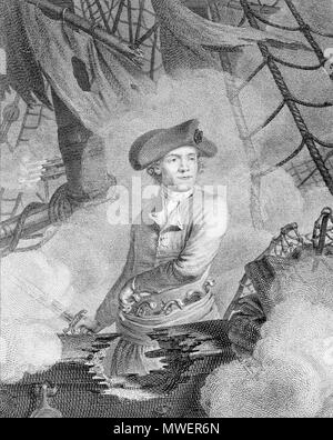 . John Paul Jones, le commodore au service des Etats-Unis de l'Amérique (commodore des États-Unis d'Amérique) 1 : gravure d'impression. Imprimer montre John Paul Jones, half-length portrait, en face légèrement à droite, debout sur le bord d'un navire au cours d'un combat, pour atteindre avec la main gauche pour l'un de plusieurs pistolets à sa taille, la main droite est titulaire d'épée. circa 1779. Guttenberg, Carl, 1743-1790, graveur. D'après un dessin de C. J. Notté.[2] 321 John Paul Jones2 Banque D'Images