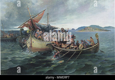 . Anglais : l'Jomsvikings (petit bateau) se joignent à la bataille de Svolder. Deutsch : Die Jomswikinger (kleines Boot) beteiligen sich der Seeschlacht von Svold. . Vers 1900. Nils Bergslien (1853-1928) Noms alternatifs Nils Nilsen Bergslien peintre et illustrateur norvégien Description neveu de Brynjulf Bergslien et neveu de Knud Bergslien Date de naissance/Décès 26 Février 1853 17 février 1928 Lieu de naissance/décès Voss Eidfjord contrôle d'autorité : Q1772952 : VIAF 86393566 ISNI : 0000 0000 7104 8029 RCAC : pas de2009063053 GND : 139192565 163868573 323 : SUDOC WorldCat Jomsvikings @ Banque D'Images