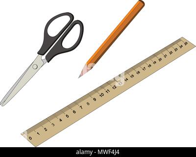 Articles de papeterie et de bureau Ensemble de l'école collection y compris les ciseaux crayon règle Illustration de Vecteur