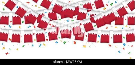 Guirlande drapeaux Bahreïn fond blanc avec des confettis, accrocher des banderoles pour la célébration du Jour de l'indépendance de Bahreïn modèles de bannière, Vector illustration Illustration de Vecteur