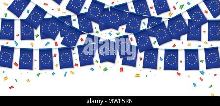 Drapeaux de l'Union européenne garland fond blanc avec des confettis, accrocher des banderoles pour la célébration modèles de bannière, Vector illustration Illustration de Vecteur