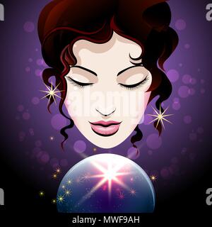 Jolie fille regarde dans une boule de cristal. Magie de divination concept. Vector illustration. Illustration de Vecteur