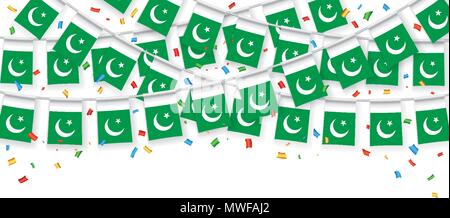 Drapeaux guirlande bannière avec un fond blanc, la pendaison Bunting flags pour la célébration du jour de l'indépendance du Pakistan. Vector illustration Illustration de Vecteur