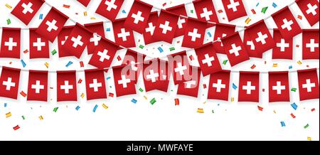 Guirlande drapeaux suisse fond blanc avec des confettis, accrocher des banderoles pour l'indépendance Day celebration modèles de bannière, Vector illustration Illustration de Vecteur