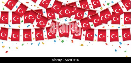 Drapeaux turcs garland fond blanc avec des confettis, accrocher des banderoles pour la célébration du Jour de la Turquie modèles de bannière, Vector illustration Illustration de Vecteur