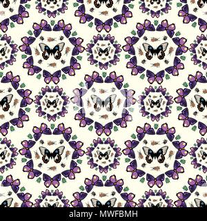 Transparente avec motif symétrique des bogues, des coléoptères et des papillons. Vector wallpaper reproductible Kaléidoscope. Illustration de Vecteur