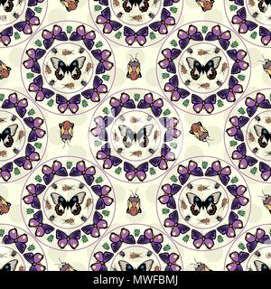 Transparente avec motif symétrique de coléoptères et de papillons. Vector wallpaper reproductibles. Illustration de Vecteur