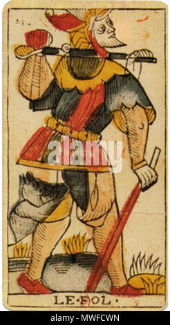 . Anglais : Un original de la carte de tarot de Jean Dodal de fr:Lyon, un Tarot de Marseille classique deck qui date de 1701-1715. Entre 1701 et 1715. Jean Dodal 311 Jean Dodal Tarot trump Fool Banque D'Images