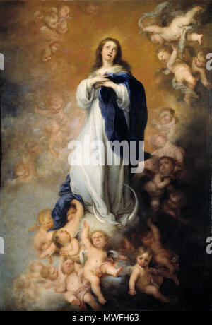 . Español : en la mayoría de las Inmaculadas de Bartolomé Esteban Murillo, de las que llegó a pintar unas veinticuatro, la Virgen María aparece vestida con una túnica blanca y un manto de couleur Azul, con sus manos cruzadas sobre el pecho, y al mismo tiempo con una luna creciente un con sus pies y la vista puesta en El Cielo. Le Esta obra fue encargada un Murillo por Justino de Neve (1625-1685), que l'ère canónigo de la Catedral de Sevilla, con destino al Hospital de los Venerables de la Ciudad de Sevilla, ya que en España se había extendido exclusivamente desde el siglo XVI la devoción por Banque D'Images