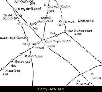 . Anglais : 1886 site de Qarah Tappeh Tapa (Kara) zone dans la province de Jowzjan, l'Afghanistan, à partir d'une carte de l'Kham-i-Ab, ou zone en litige entre la Russie et l'Afghanistan. 1886. La Commission d'établir la limite nord de l'Afghanistan 394 Map-Kara Tapa-Kalen--Science-1886 Banque D'Images