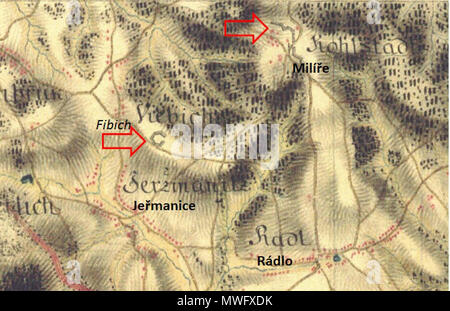 . Čeština : Opevnění budovaná Milířů v letech 1778-1779 u (Rádlo) . 12 décembre 2012, 12:04:35. © 1ère enquête militaire, l'article no 30 (Böhmen), l'État autrichien/Archive Archive militaire, Vienne © Papežství geoinformatiky Univerzita J.E. Purkyně - http://www.geolab.cz © Ministerstvo životního Josephinische Landesaufnahme prostředí ČR 325 Blatt30 DÉTAIL2 Banque D'Images