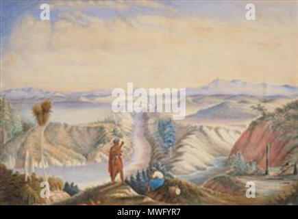 . Anglais : la jonction de la rivière Waikato et flux de Karapiro Bouilloire Role Date von Tempsky, circa 1864 peintre Gustave Aquarelle Aquarelle moyen Résumé Les matériaux, les dimensions du papier libre 338 (hauteur) x 488 (longueur) 338 mm Support (hauteur) x 488 mm (longueur), des paysages d'aquarelles de Classification Numéro d'enregistrement 1977-0003-1 Ligne de crédit acheté 1977 avec Ellen Eames fonds de collecte et à l'aide d'une subvention spéciale du Gouvernement . vers 1860. Gustave von TempskyStream-Waikato334 Rivière Karapiro Banque D'Images