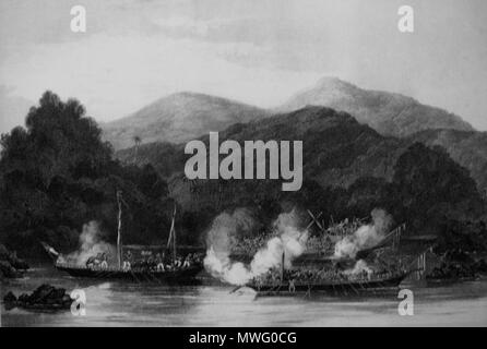 . Bahasa Melayu : Kapal James Brooke diserang lanun. Anglais : "Attaque de deux Lanoon Praos Malais sur le pirate 'Jolly Proa Batchelor'. Appartenant à des Sarawach Rajah Brooks et dotés par l'équipage du HMS Dido off Datto Point de la côte de Bornéo à 3h00 mai 1843 qui a pris fin dans l'explosion d'une Proa et la destruction de l'équipage de l'autre." . 1845. Le lieutenant James Hunt 438 Musée National KL 2008 (54) Banque D'Images